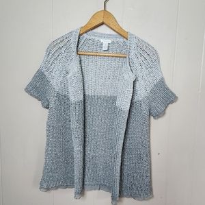 Chico's rib knit short sleeve cardigan gray silver metallic single snap closure